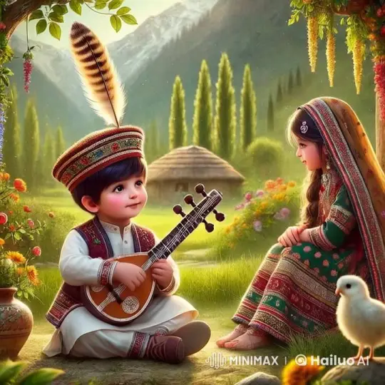 Young Boy Plays Sitar, Girl Dances in Joyful Pashto Scene – AI Generated Video | Hailuo AI