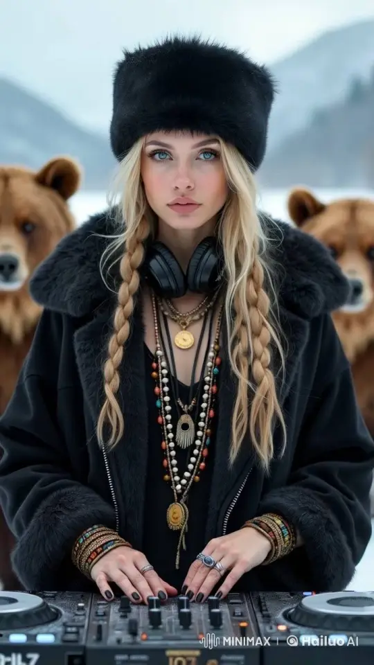 DJ Woman Enchants with Music in Snowy Bear Dance Scene – AI Generated Video | Hailuo AI