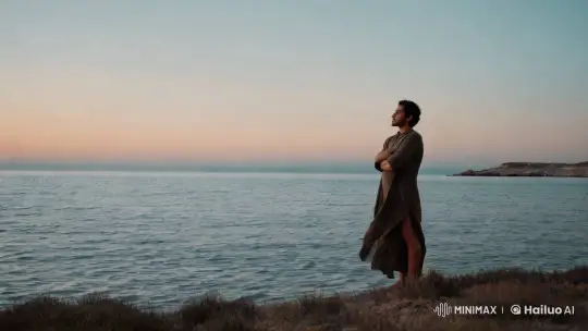 Solitary Figure Contemplates Vast Sea at Twilight – AI Generated Video | Hailuo AI