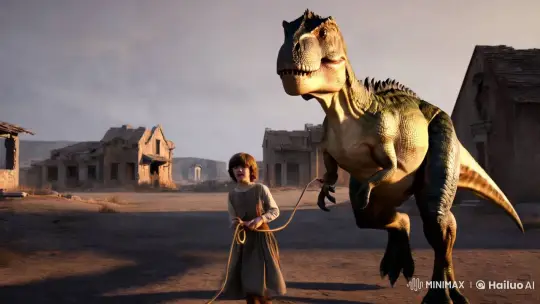 Child and Dinosaur in Post-Apocalyptic Harmony – AI Generated Video | Hailuo AI