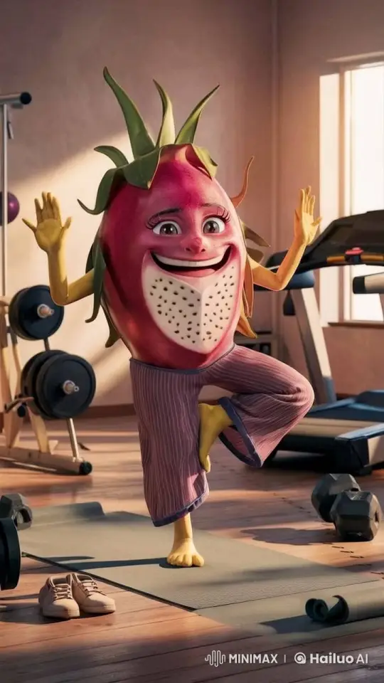 Animated Fruit Character Enthusiastically Doing Yoga Jumps – AI Generated Video | Hailuo AI