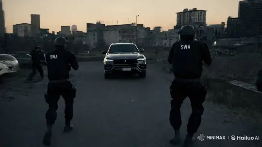 SWAT Team Trailing Luxury Urus SUV in Desolate Dusk Setting – AI Generated Video | Hailuo AI