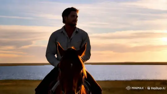 Handsome Cowboy Rides into Golden Sunset Over Lake – AI Generated Video | Hailuo AI