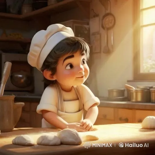 Baby Chef Joyfully Kneads Dough in Cozy Kitchen – AI Generated Video | Hailuo AI