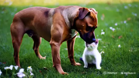 American Staffordshire Terrier and Kitten Bonding on Verdant Lawn – AI Generated Video | Hailuo AI