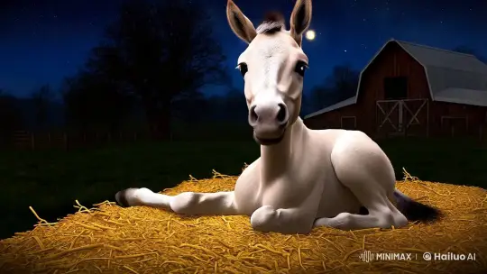 Nocturnal Serenity: A Foal's Gentle Slumber on a Moonlit Farm – AI Generated Video | Hailuo AI