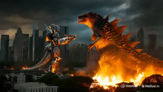 Godzilla vs. Mech: A Cinematic Clash in a City Under Siege – AI Generated Video | Hailuo AI