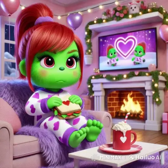 Cozy Living Room: Green Character Enjoying Heart Sandwich – AI Generated Video | Hailuo AI