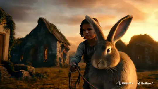 Child and Giant Rabbit in Desolate Landscape – AI Generated Video | Hailuo AI