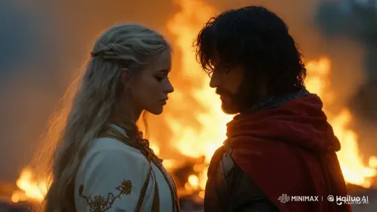 Medieval Couple Faces Fire with Determination – AI Generated Video | Hailuo AI