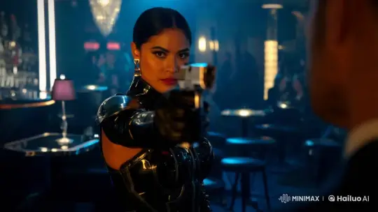 Stylish Latina Bounty Hunter in Noir Nightclub Scene – AI Generated Video | Hailuo AI