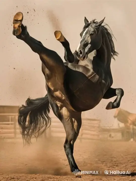 Black Horse Performs Dynamic Karate-Like Kicks – AI Generated Video | Hailuo AI