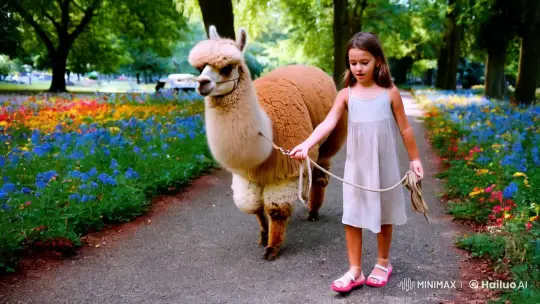 Young Girl Leads Alpaca Through Summer Park – AI Generated Video | Hailuo AI