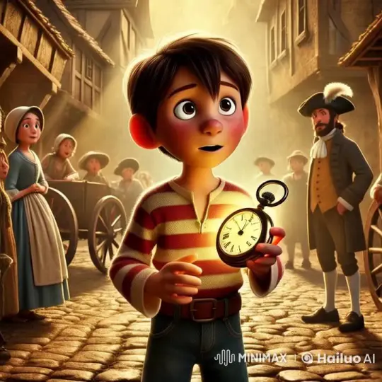 Boy with Pocket Watch Explores Historic Town Square – AI Generated Video | Hailuo AI