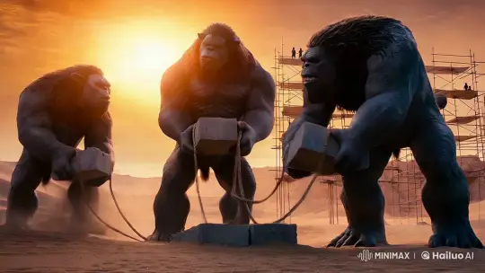 Giants at Work: Epic Desert Construction Scene – AI Generated Video | Hailuo AI
