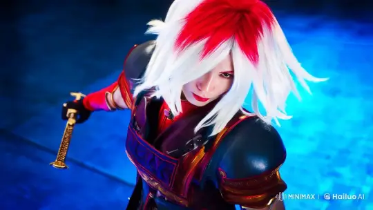 Dynamic Character with White and Red Hair in Intense Scene – AI Generated Video | Hailuo AI