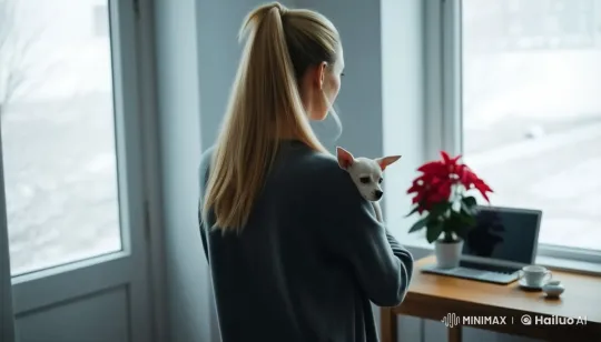 Woman with Dog in Cozy Wooden Room – AI Generated Video | Hailuo AI