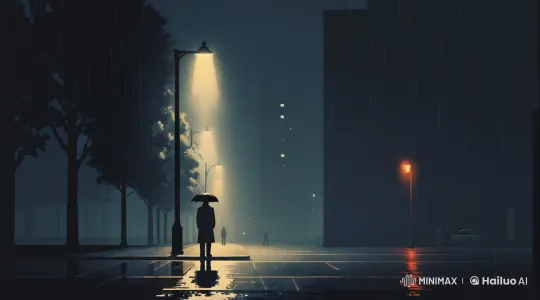 Lone Figure Under Streetlight in Rainy Night – AI Generated Video | Hailuo AI
