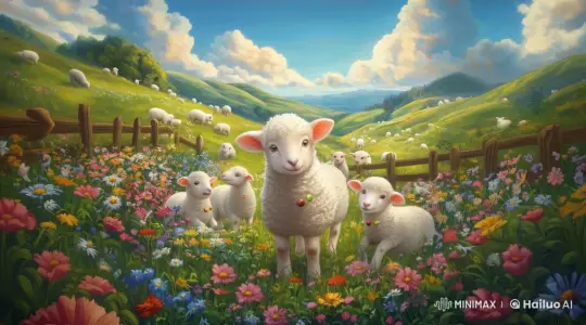 Peaceful Pasture: Lambs in Serene Meadow – AI Generated Video | Hailuo AI