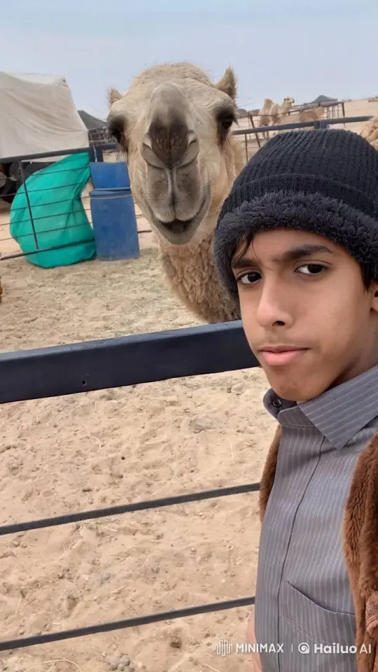 Boy Smokes Calmly Next to Curious Camel in Desert Setting – AI Generated Video | Hailuo AI