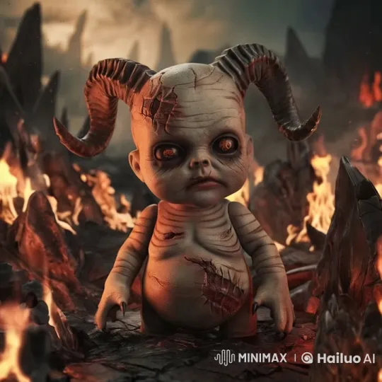 Demon Doll in Fiery Hellish Landscape – AI Generated Video | Hailuo AI