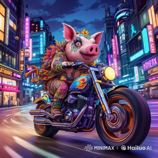 Anthropomorphic Pig Speeds Through Futuristic City on Motorcycle – AI Generated Video | Hailuo AI
