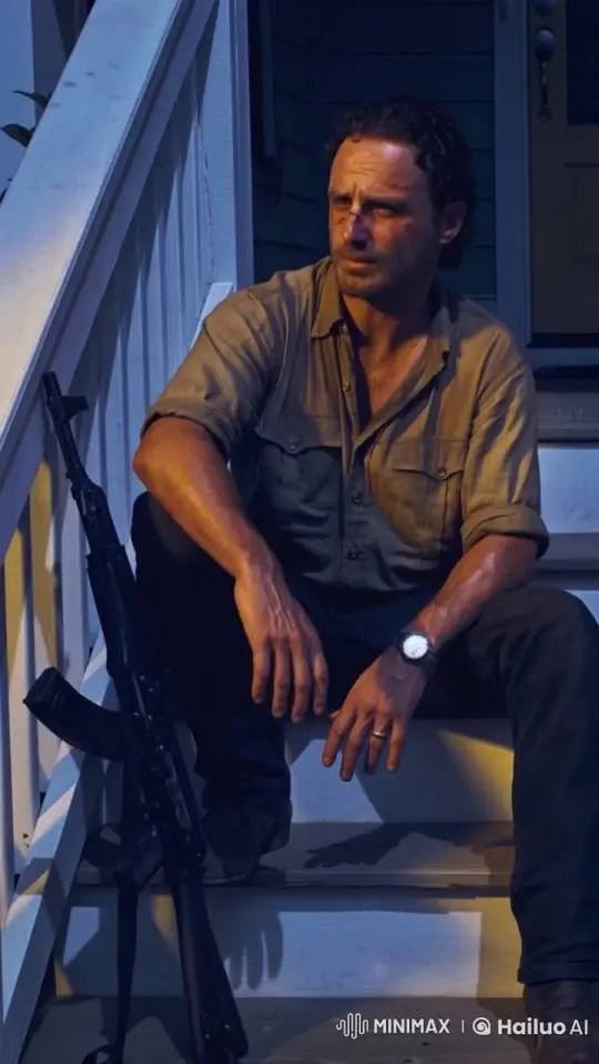 Contemplative Man on Porch with Assault Rifle – AI Generated Video | Hailuo AI