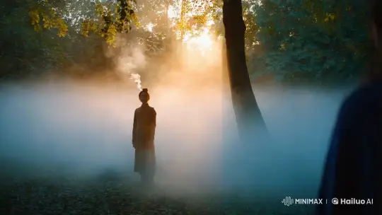 Contemplative Figure Releases Smoke Rings in Misty Forest – AI Generated Video | Hailuo AI