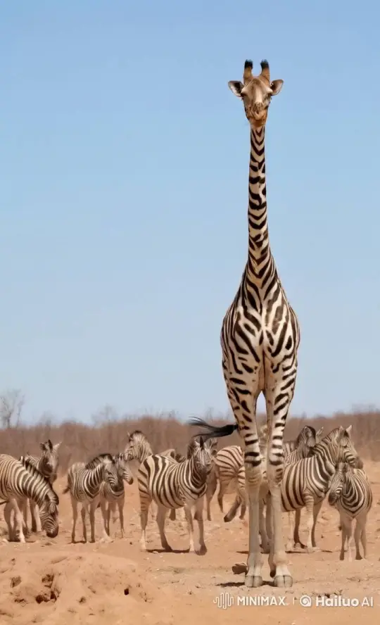 Giraffe with Zebra Stripes in Herd Amidst Dry Landscape – AI Generated Video | Hailuo AI