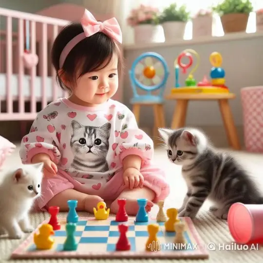 Toddlers Play with Kittens in Cozy Room – AI Generated Video | Hailuo AI