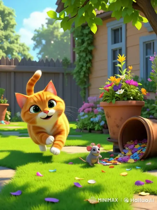 Animated Cat Chases Mouse in Lively Garden – AI Generated Video | Hailuo AI