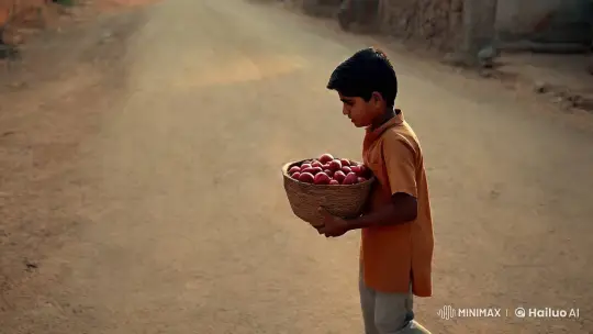 Youthful Boy with Apples Meets Elderly Woman on Village Road – AI Generated Video | Hailuo AI