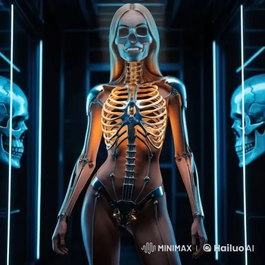 Neon-Enhanced Live2D Scene with Skeletal Figure and Skulls – AI Generated Video | Hailuo AI