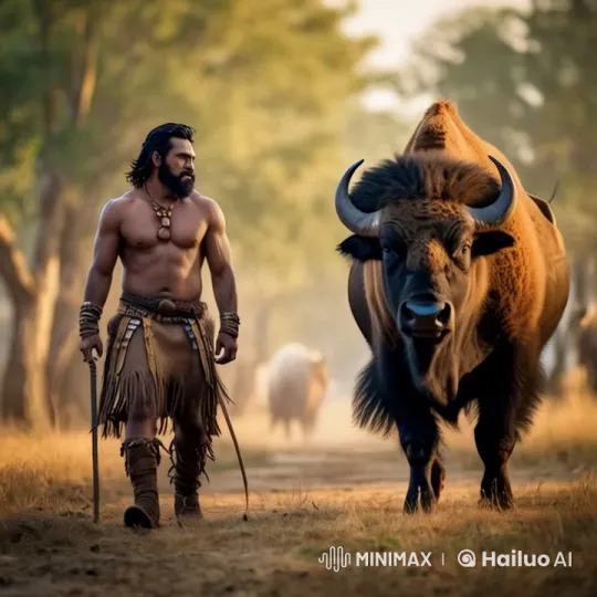 Muscular Man and Buffalo in Slow Motion Live2D Forest Walk – AI Generated Video | Hailuo AI