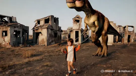 Child and T-Rex: A Surreal Journey Through Ruins – AI Generated Video | Hailuo AI