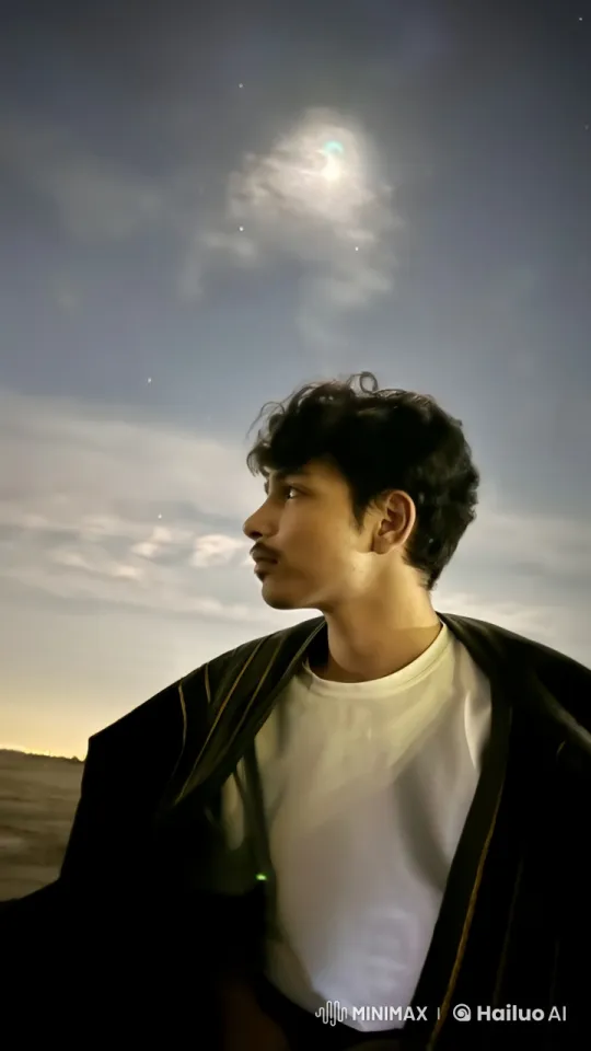 Young Man Contemplates Under Moonlit Night Sky – AI Generated Video | Hailuo AI