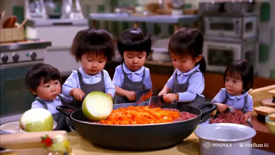 Children's Show Depicts Shrunk Kids Cooking in Giant Kitchen – AI Generated Video | Hailuo AI