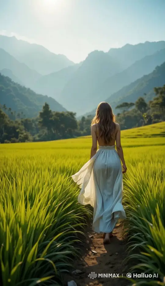 Woman in White Dress in Enchanted Mountain Field – AI Generated Video | Hailuo AI