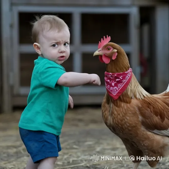 Boy Fights Chicken in Dusty Barnyard Scuffle – AI Generated Video | Hailuo AI