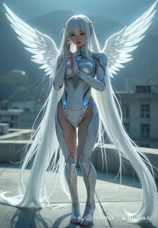 Angel in Futuristic Armor on Rooftop with Ethereal Glow – AI Generated Video | Hailuo AI