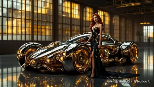 Luxury Car Displayed in Industrial Space with Elegant Woman – AI Generated Video | Hailuo AI