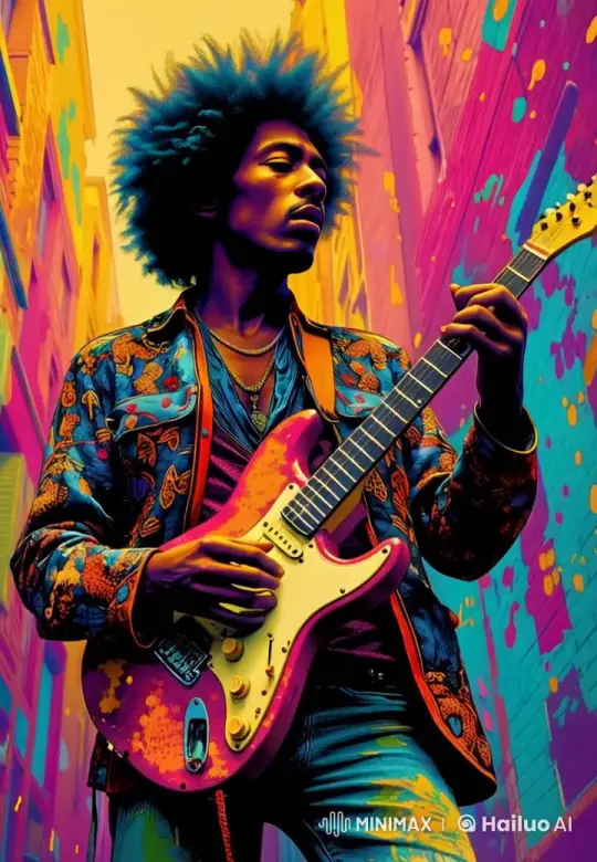 Psychedelic Street Musician Playing Electric Guitar – AI Generated Video | Hailuo AI