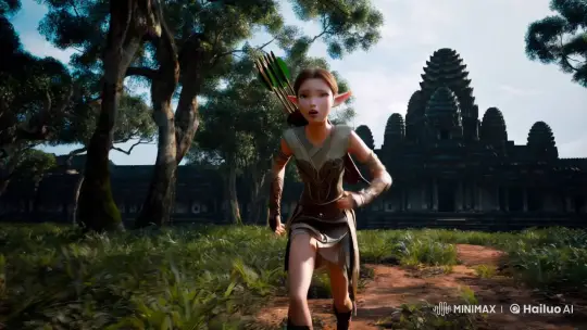 Elven Girl Fleeing Monster in Verdant Forest with Angkor Wat Background – AI Generated Video | Hailuo AI