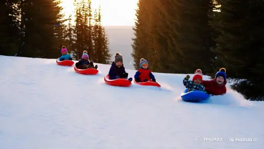 Children Sled in Winter Wonderland: Joyful Serenity – AI Generated Video | Hailuo AI