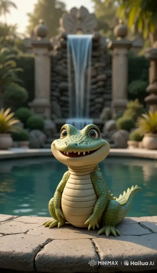 Cute Baby Crocodile Engages Viewers by Poolside – AI Generated Video | Hailuo AI