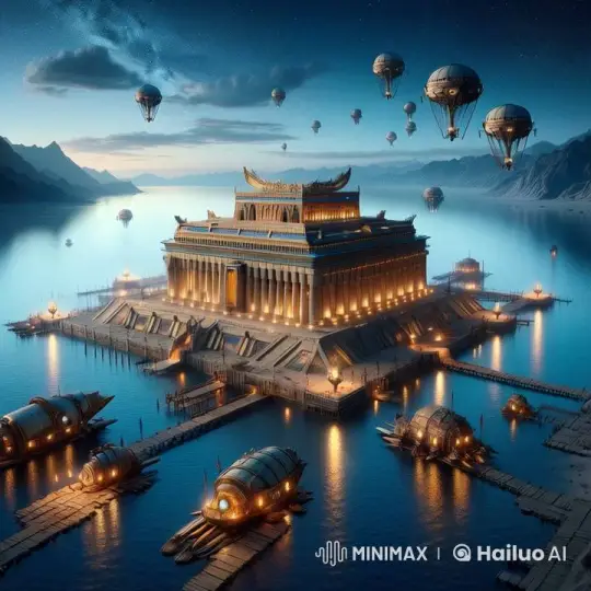 Ancient Temple and Airships in Serene Night Sky – AI Generated Video | Hailuo AI