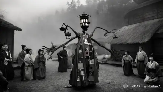 Vintage Black-and-White Film: Enigmatic Figure in Lantern-Headed Robes – AI Generated Video | Hailuo AI