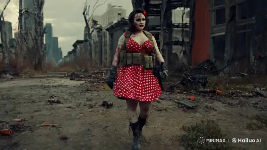 Pinup Zombie Fighter in Post-Apocalyptic Urban Ruins – AI Generated Video | Hailuo AI