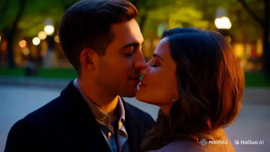 Intimate Dusk Kiss in Urban Park Setting – AI Generated Video | Hailuo AI