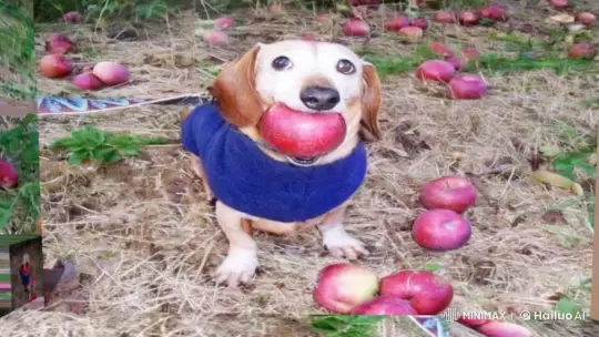 Dog in a Giant Animated Apple's Gentle Embrace – AI Generated Video | Hailuo AI